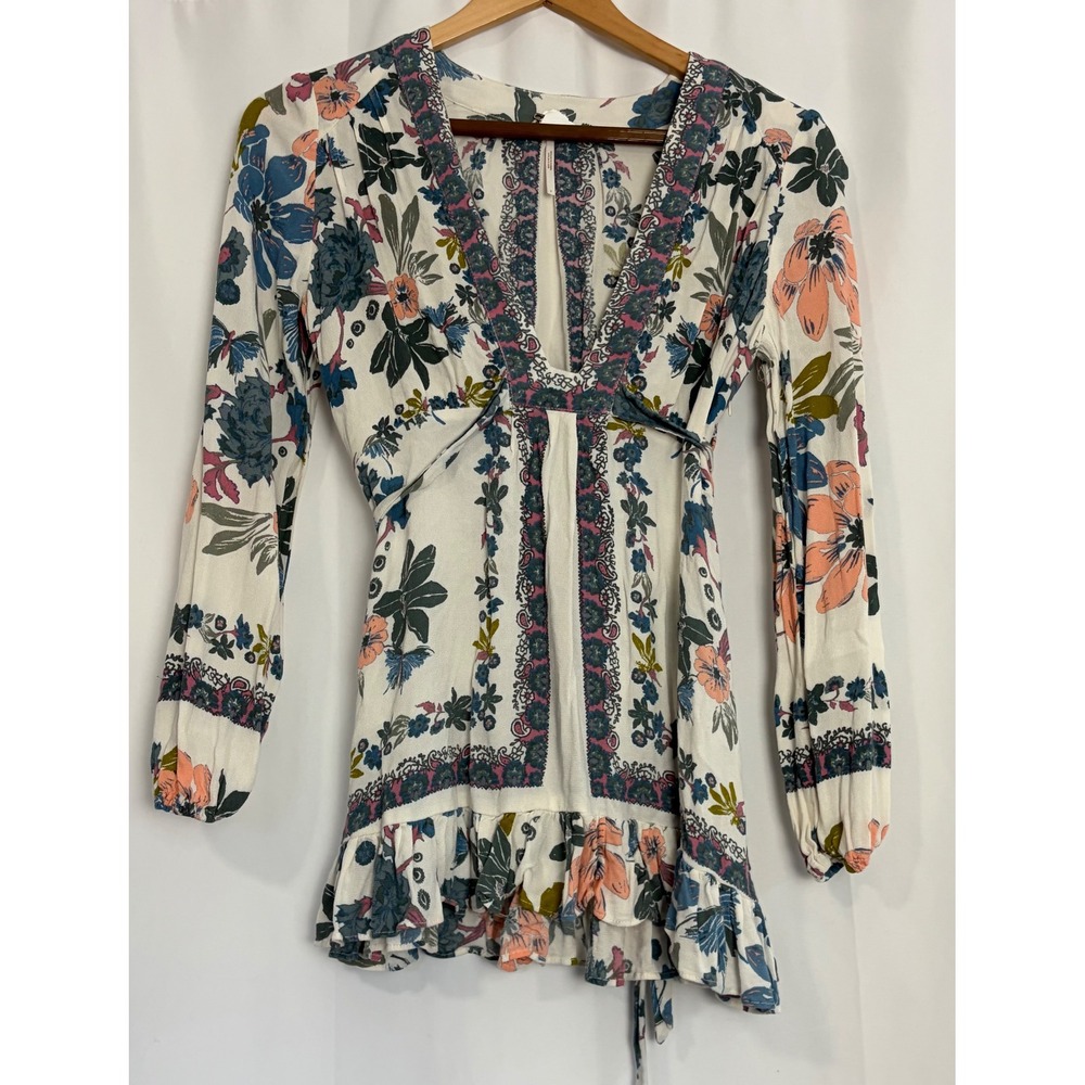 Free People Violet Hill Tunic Floral Boho Long Sleeve Size 2 Romantic Cottage